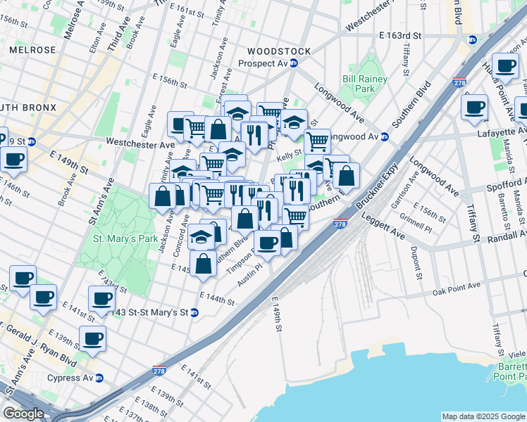map of restaurants, bars, coffee shops, grocery stores, and more near 547 Fox Street in Bronx