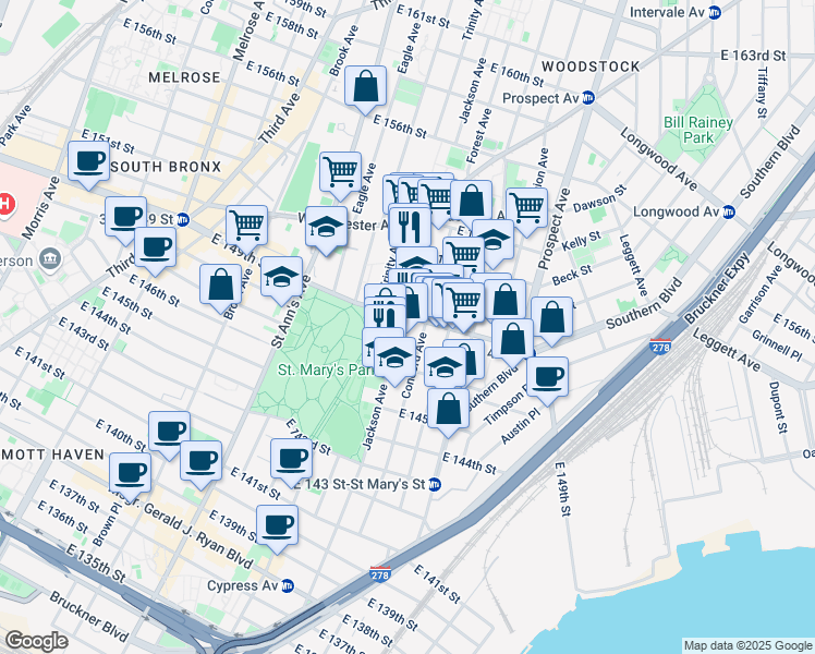 map of restaurants, bars, coffee shops, grocery stores, and more near 724 East 149th Street in The Bronx