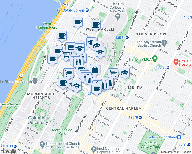 map of restaurants, bars, coffee shops, grocery stores, and more near 21 Convent Avenue in New York
