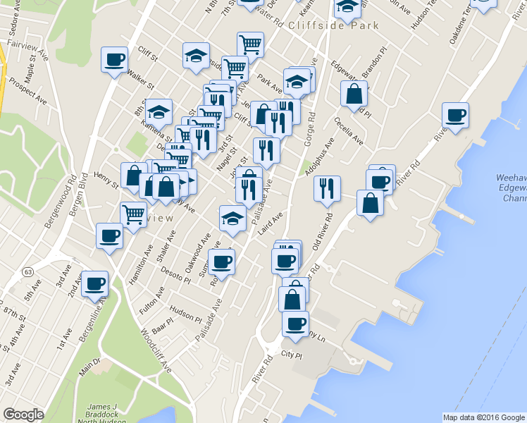 map of restaurants, bars, coffee shops, grocery stores, and more near 263 Palisade Avenue in Cliffside Park