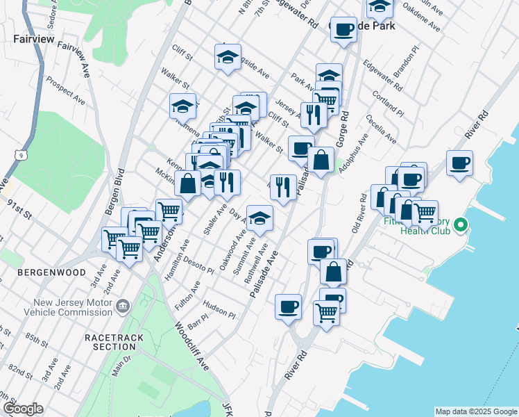 map of restaurants, bars, coffee shops, grocery stores, and more near 235 Washington Place in Cliffside Park