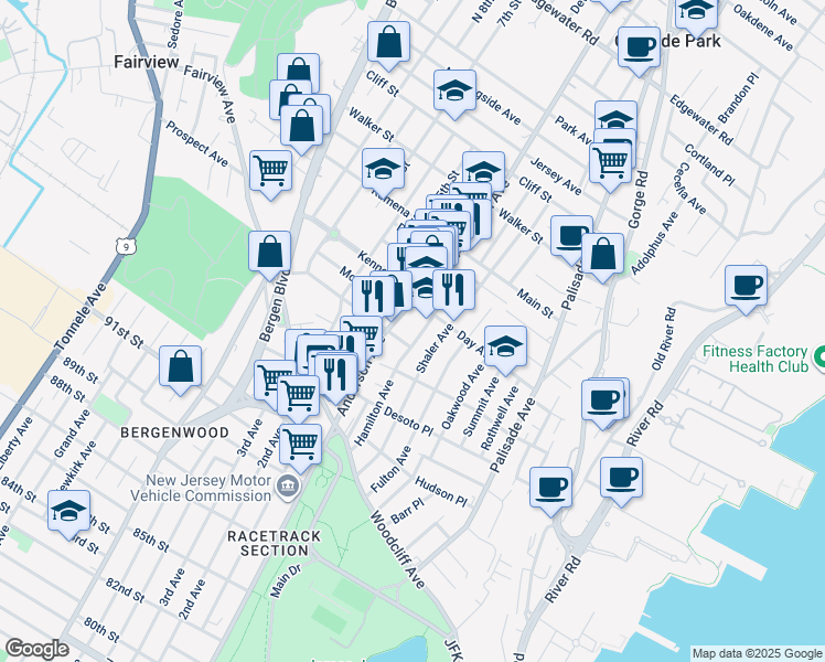 map of restaurants, bars, coffee shops, grocery stores, and more near 120 Anderson Avenue in Fairview