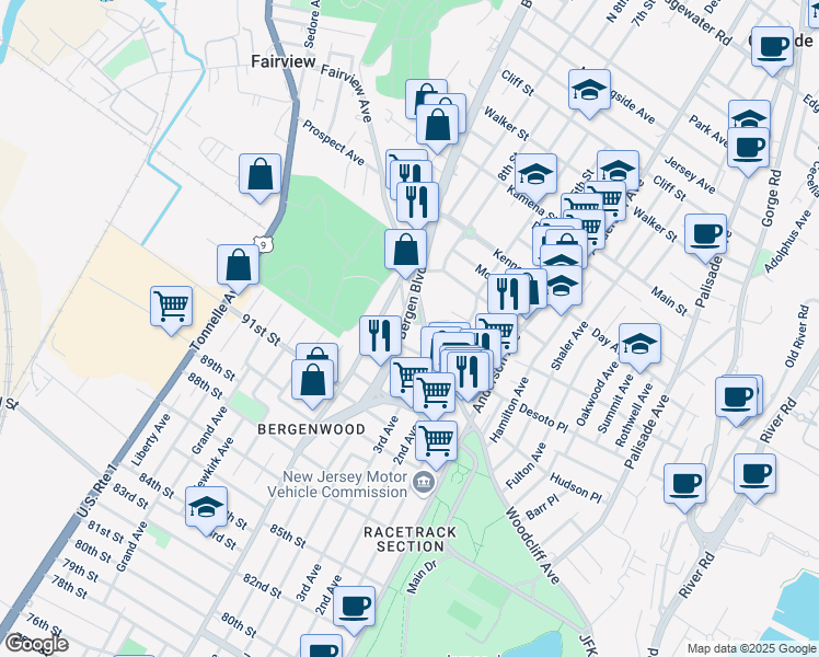 map of restaurants, bars, coffee shops, grocery stores, and more near 447 Fairview Avenue in Fairview