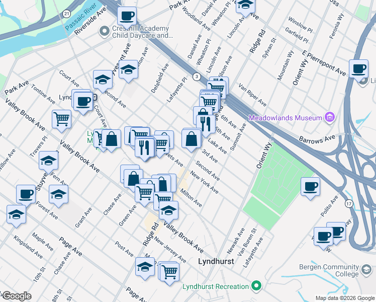 map of restaurants, bars, coffee shops, grocery stores, and more near 532 3rd Avenue in Lyndhurst
