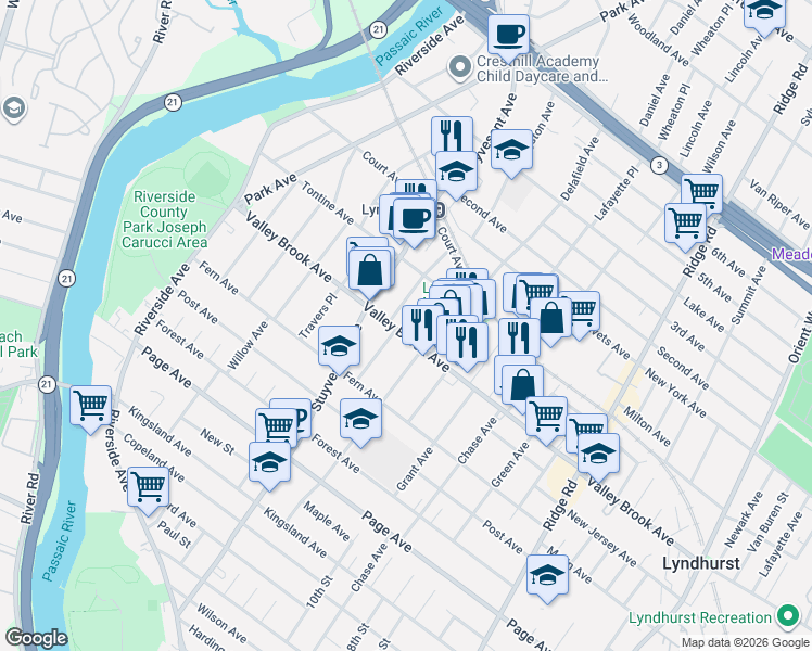 map of restaurants, bars, coffee shops, grocery stores, and more near 286 Livingston Avenue in Lyndhurst