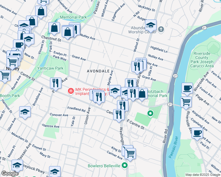 map of restaurants, bars, coffee shops, grocery stores, and more near 88 Myrtle Avenue in Nutley