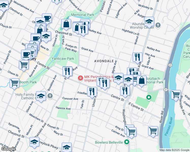 map of restaurants, bars, coffee shops, grocery stores, and more near 9 Wayne Place in Nutley