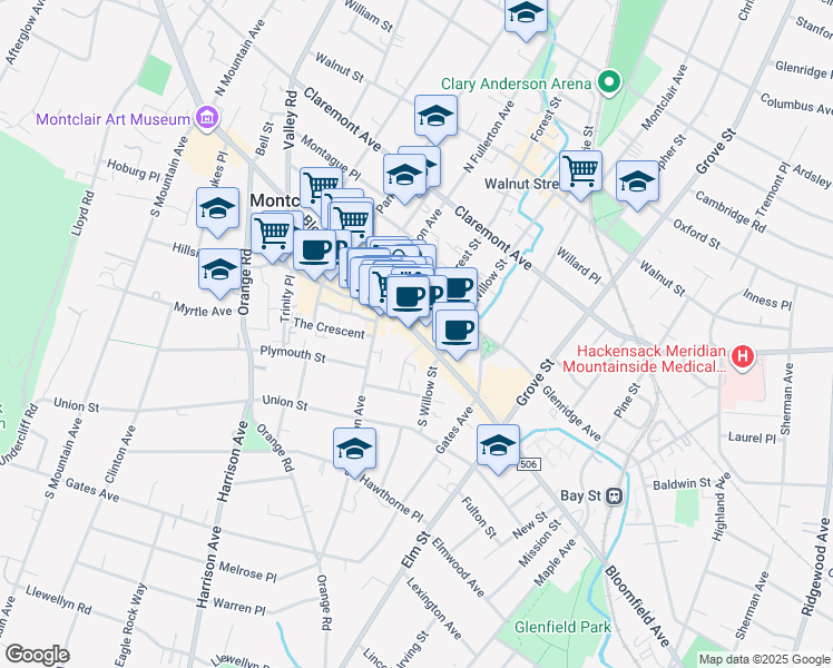 map of restaurants, bars, coffee shops, grocery stores, and more near 440 Bloomfield Avenue in Montclair
