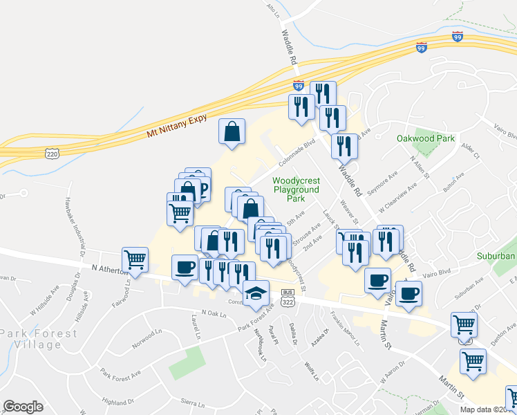 map of restaurants, bars, coffee shops, grocery stores, and more near 2093 Mary Ellen Lane in State College