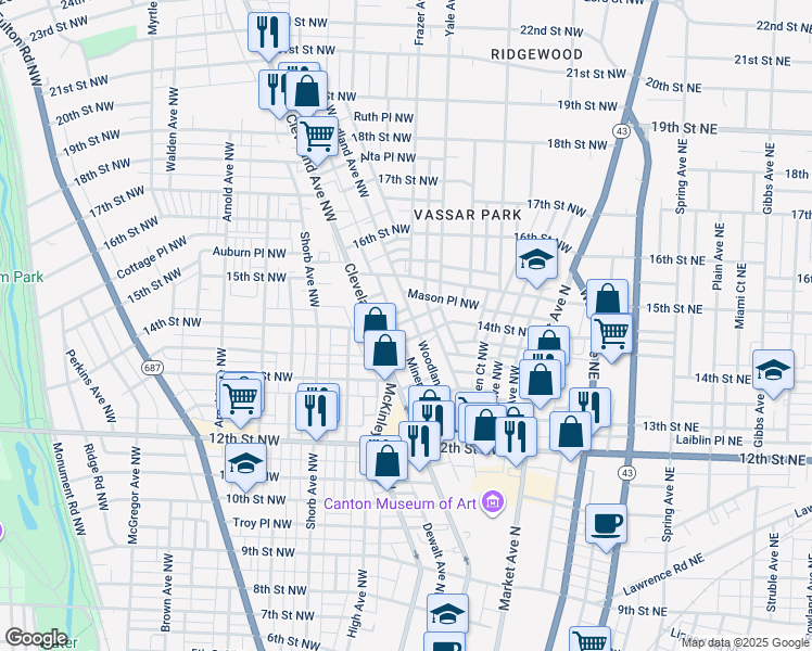 map of restaurants, bars, coffee shops, grocery stores, and more near 1412 Woodland Avenue Northwest in Canton
