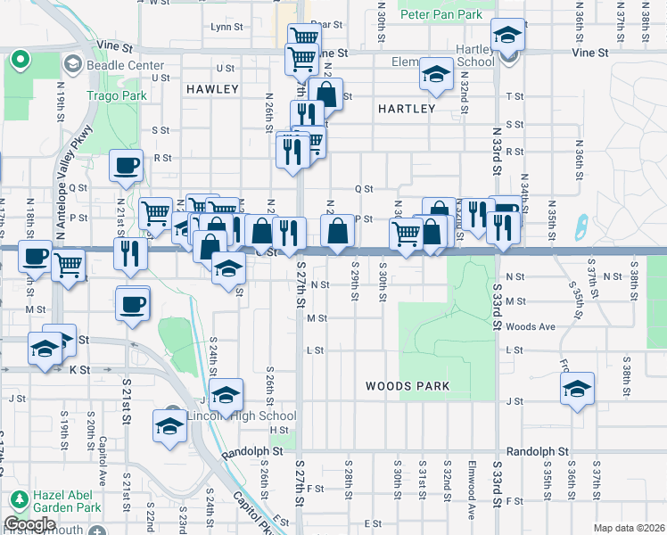 map of restaurants, bars, coffee shops, grocery stores, and more near 2756 O Street in Lincoln