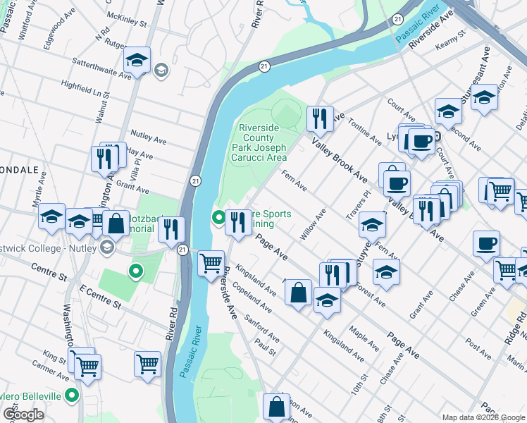 map of restaurants, bars, coffee shops, grocery stores, and more near 117 Forest Avenue in Lyndhurst