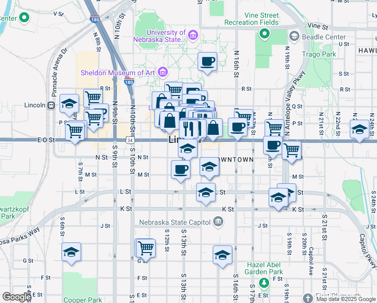 map of restaurants, bars, coffee shops, grocery stores, and more near 132 South 13th Street in Lincoln