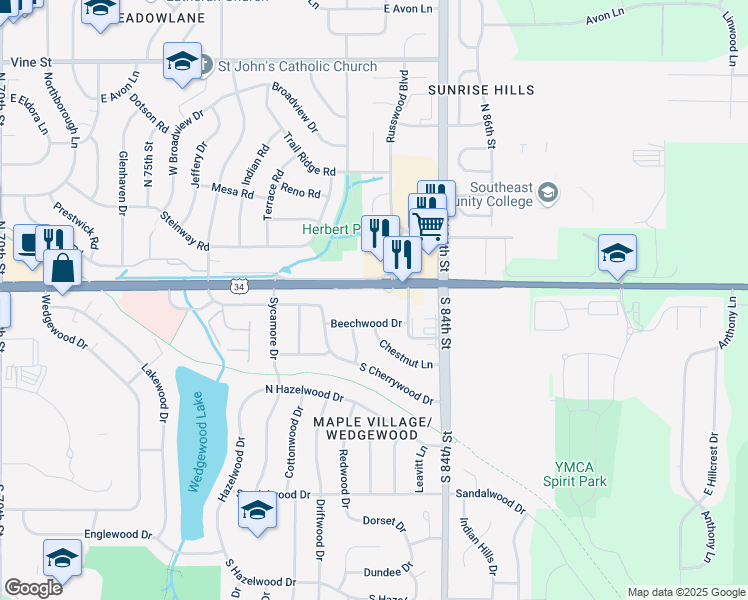 map of restaurants, bars, coffee shops, grocery stores, and more near 8101 O Street in Lincoln