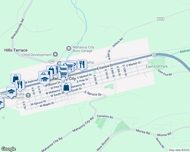 map of restaurants, bars, coffee shops, grocery stores, and more near 501 East Pine Street in Mahanoy City