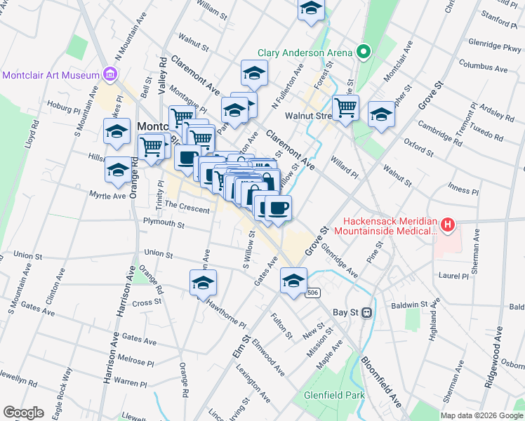map of restaurants, bars, coffee shops, grocery stores, and more near 8 North Willow Street in Montclair