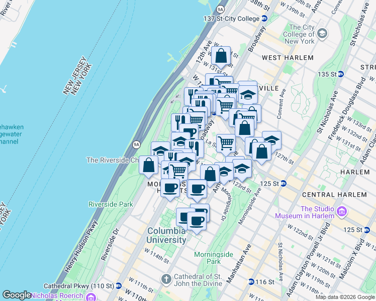 map of restaurants, bars, coffee shops, grocery stores, and more near 3111 Broadway in New York