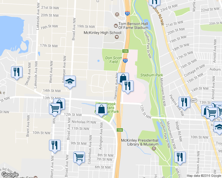 map of restaurants, bars, coffee shops, grocery stores, and more near 1421 Valentine Circle East in Canton