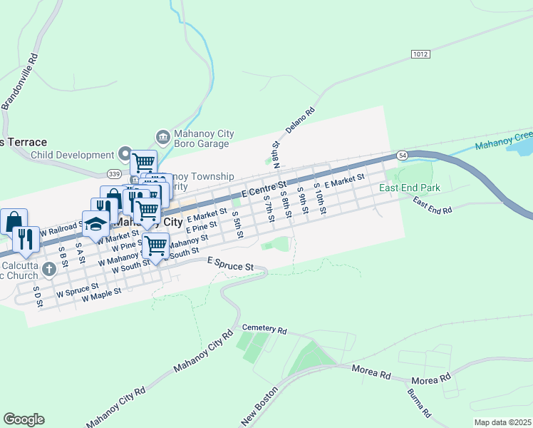 map of restaurants, bars, coffee shops, grocery stores, and more near 632 East Pine Street in Mahanoy City
