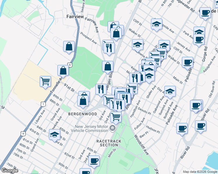 map of restaurants, bars, coffee shops, grocery stores, and more near 447 Fairview Avenue in Fairview
