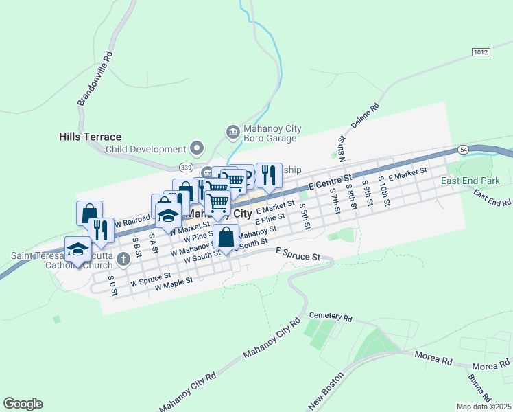 map of restaurants, bars, coffee shops, grocery stores, and more near 208 East Centre Street in Mahanoy City