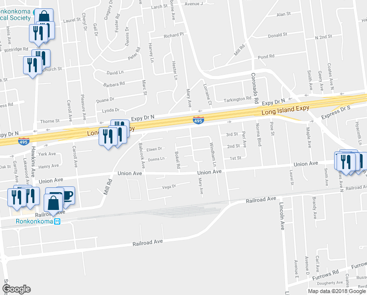 map of restaurants, bars, coffee shops, grocery stores, and more near 24 Avenue East in Lake Ronkonkoma