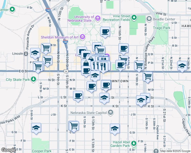 map of restaurants, bars, coffee shops, grocery stores, and more near 132 South 13th Street in Lincoln