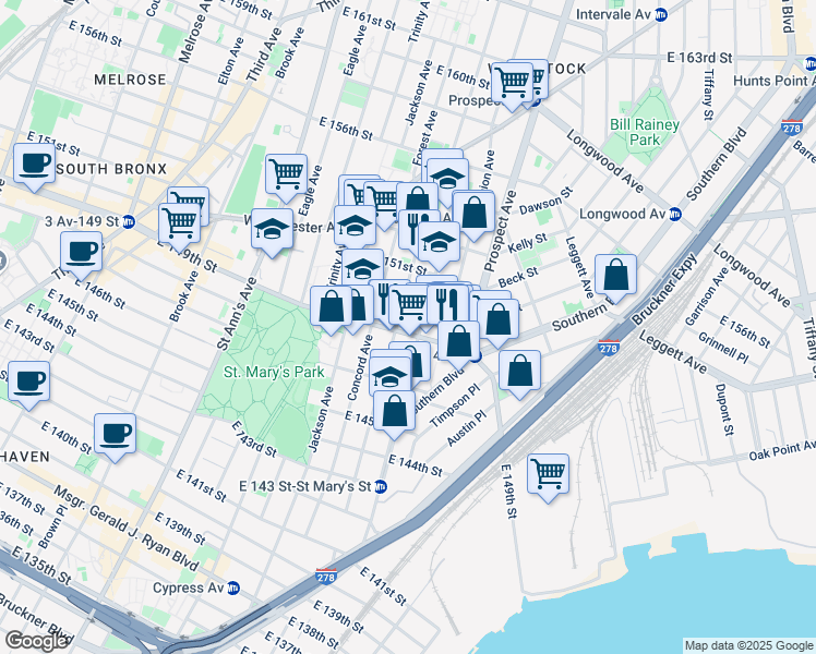 map of restaurants, bars, coffee shops, grocery stores, and more near 787 East 149th Street in Bronx