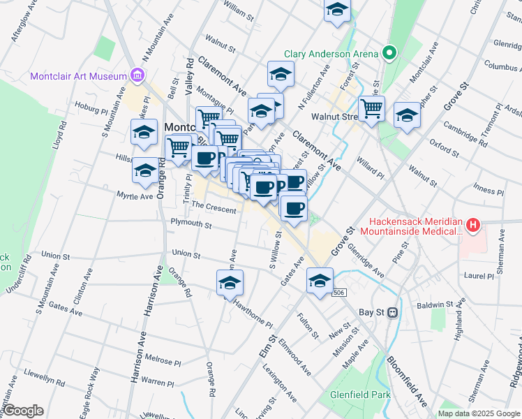 map of restaurants, bars, coffee shops, grocery stores, and more near 440 Bloomfield Avenue in Montclair