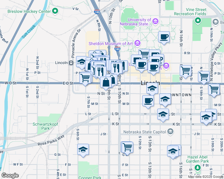 map of restaurants, bars, coffee shops, grocery stores, and more near 124 South 9th Street in Lincoln
