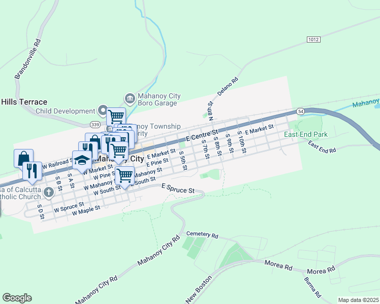 map of restaurants, bars, coffee shops, grocery stores, and more near 529 East Pine Street in Mahanoy City