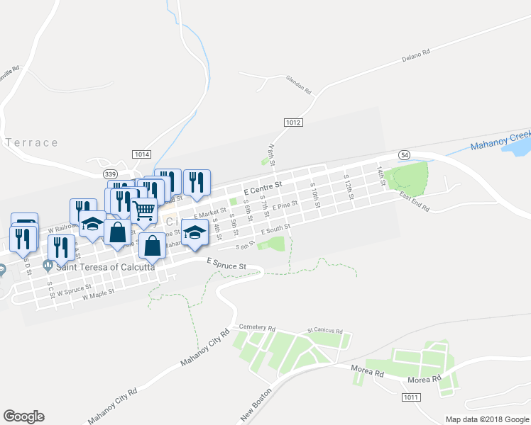 map of restaurants, bars, coffee shops, grocery stores, and more near 638 East Pine Street in Mahanoy City