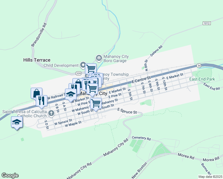 map of restaurants, bars, coffee shops, grocery stores, and more near 224 East Centre Street in Mahanoy City