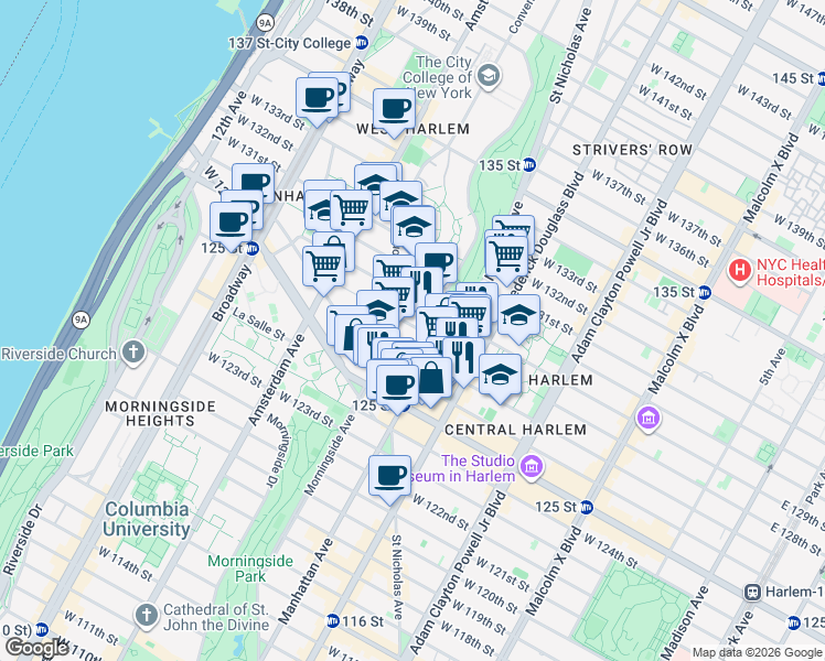 map of restaurants, bars, coffee shops, grocery stores, and more near 408 West 128th Street in New York