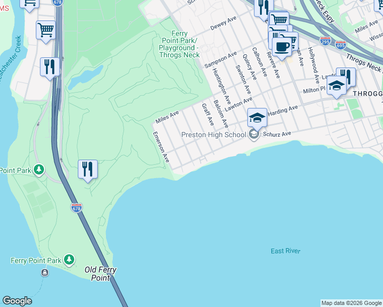 map of restaurants, bars, coffee shops, grocery stores, and more near 2622 Harding Avenue in Bronx