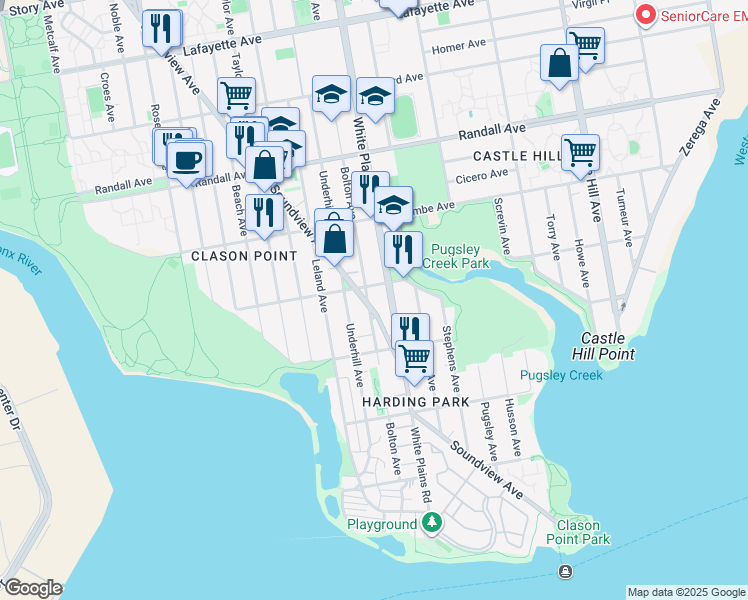 map of restaurants, bars, coffee shops, grocery stores, and more near 1901 Patterson Avenue in Bronx