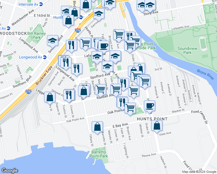map of restaurants, bars, coffee shops, grocery stores, and more near 648 Coster Street in Bronx