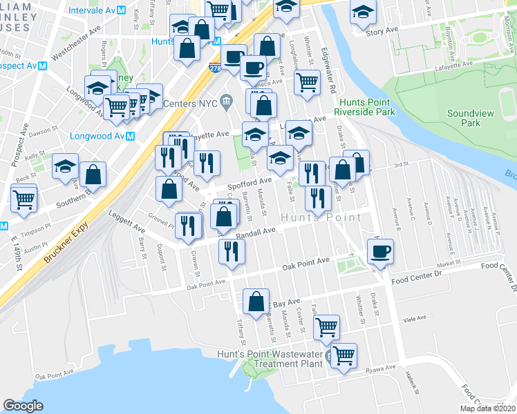 map of restaurants, bars, coffee shops, grocery stores, and more near 640 Barretto Street in The Bronx