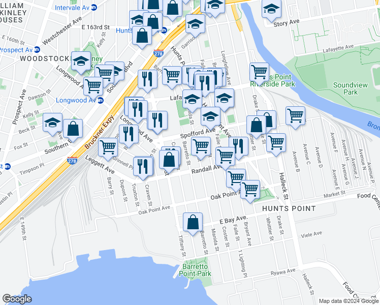 map of restaurants, bars, coffee shops, grocery stores, and more near 640 Barretto Street in The Bronx