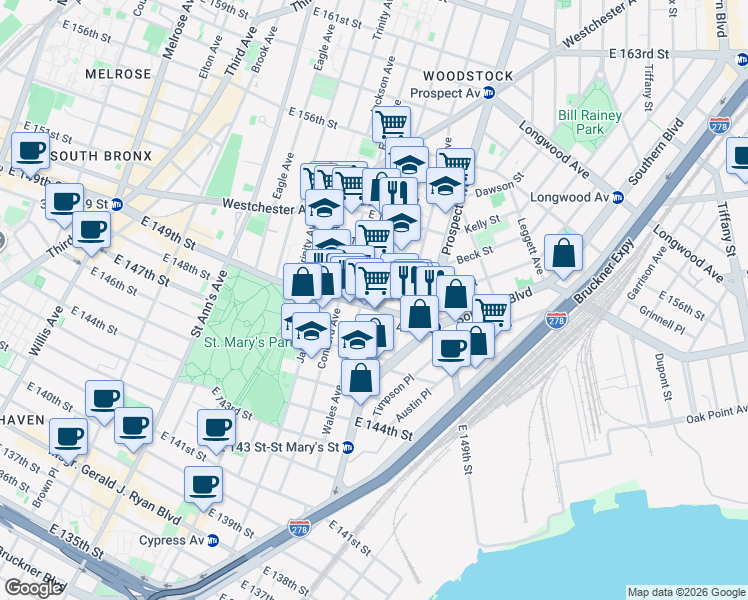 map of restaurants, bars, coffee shops, grocery stores, and more near 799 East 150th Street in Bronx