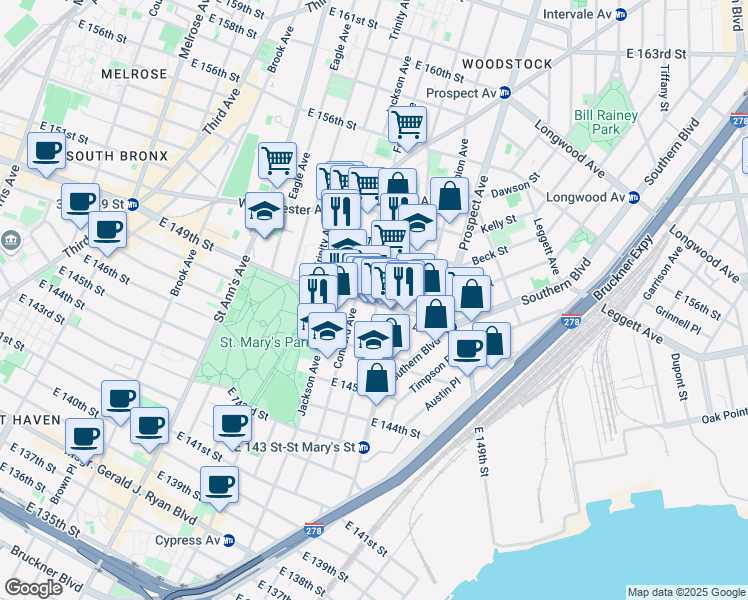 map of restaurants, bars, coffee shops, grocery stores, and more near 560 Concord Avenue in Bronx
