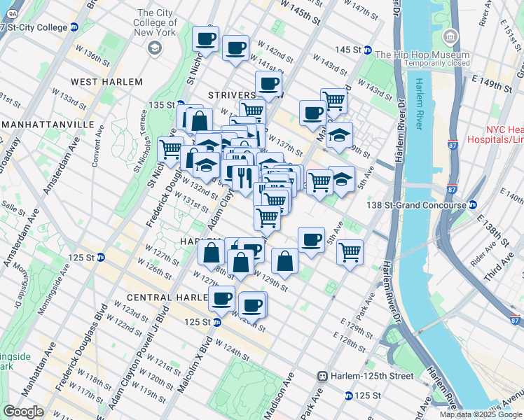 map of restaurants, bars, coffee shops, grocery stores, and more near 111 West 133rd Street in New York