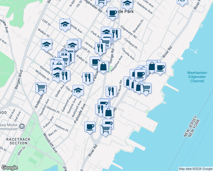 map of restaurants, bars, coffee shops, grocery stores, and more near 283 Gorge Road in Cliffside Park