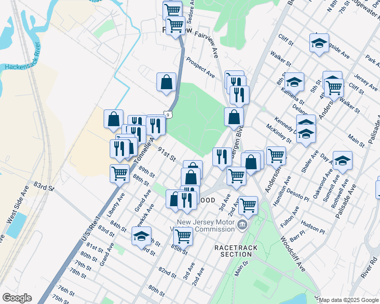 map of restaurants, bars, coffee shops, grocery stores, and more near 9128 Newkirk Avenue in North Bergen