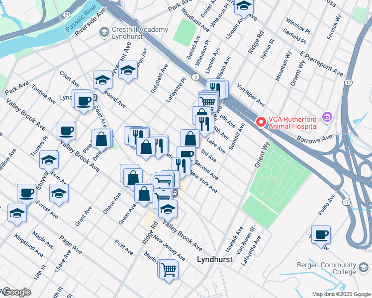 map of restaurants, bars, coffee shops, grocery stores, and more near 532 3rd Avenue in Lyndhurst