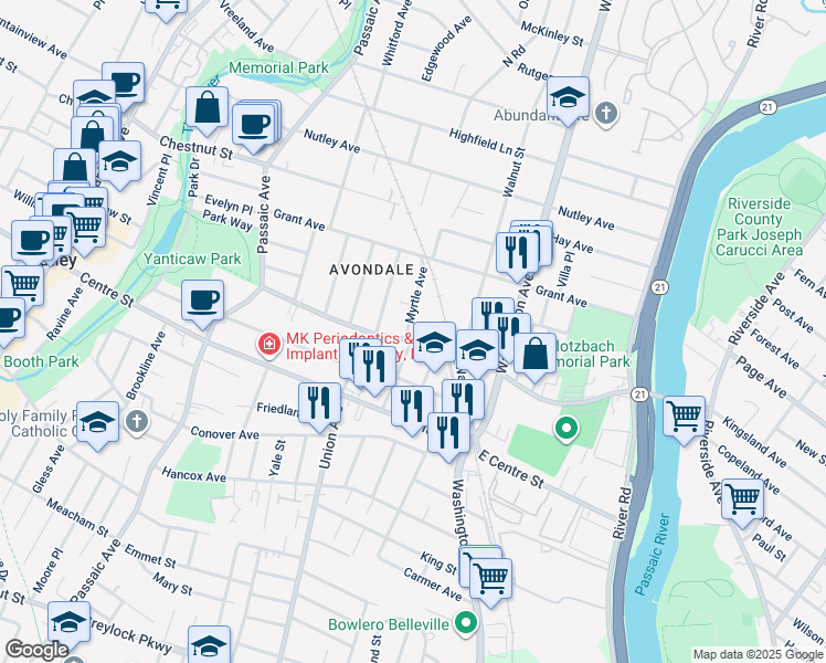 map of restaurants, bars, coffee shops, grocery stores, and more near 88 Myrtle Avenue in Nutley