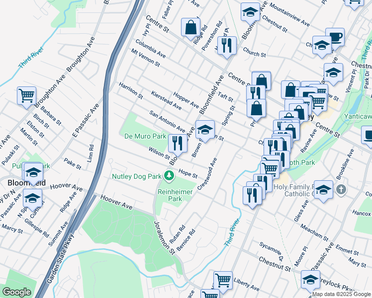 map of restaurants, bars, coffee shops, grocery stores, and more near 35 Brown Street in Nutley