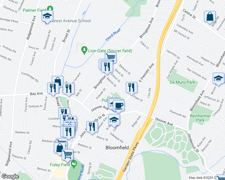 map of restaurants, bars, coffee shops, grocery stores, and more near 41 Martin Street in Bloomfield
