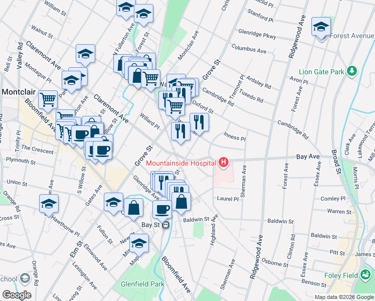 map of restaurants, bars, coffee shops, grocery stores, and more near 170 Pine Street in Montclair