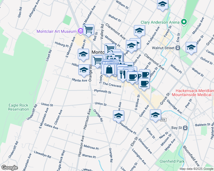 map of restaurants, bars, coffee shops, grocery stores, and more near 55 South Park Street in Montclair